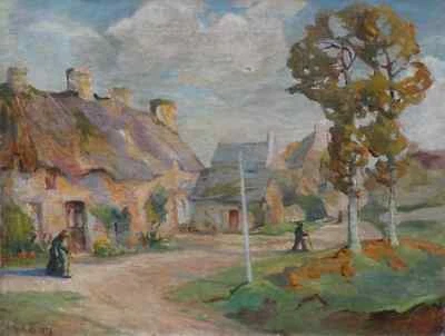 GRAND & BELLE TOILE IMPRESSIONNISTE 1913...HAMEAU DE BRETAGNE ANIMÉ...SIGNÉE ? - Photo 1/4