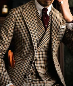 Houndstooth Men Suits 3 Pieces Business Wedding Groom Tuxedo Slim Fit Wool Blend - Picture 1 of 8