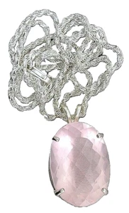 27.20 Ct Oval Checkerboard Rose Quartz Sterling Pendant 20" Rope Chain Necklace - Picture 1 of 2