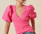 Maeve Anthropologie Shirt Women?S Xxs Hot Pink  Puff-Sleeve Wrap Top Retro