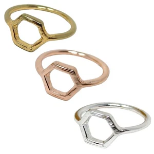 Simple Hexagon Honeycomb Polygonal Ring for Women Men Gold Silver Rose Gold - Picture 1 of 13