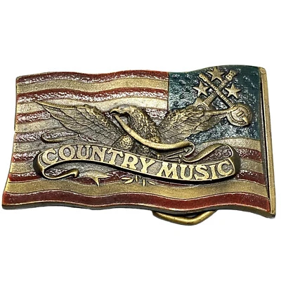 De colección 1977 Latón Esmalte Hebilla Cinturón Música Country Bandera Americana Águila Indiana Foto 1 de 4