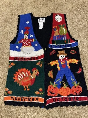 复古 4 Season 女式 M Erika 秋季圣诞假日纽扣毛衣背心 — 第 1/4 张图片