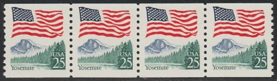 US 1987-88 SC# 2280 - Flag over Yosemite - Strip of 4 - Coil - M-NH Lot # 334  - Image 1 of 2