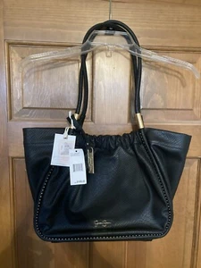 JESSICA SIMPSON ROSANNA BLACK LEATHER TOTE DOUBLE HANDLES SHOULDER BAG 14x11x5 - Picture 1 of 12