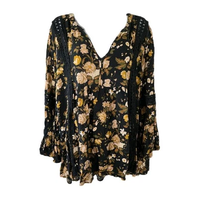 American Eagle Blouse Womens Large Black Yellow Floral Crochet Lace Whimsigoth - Image 1 of 4