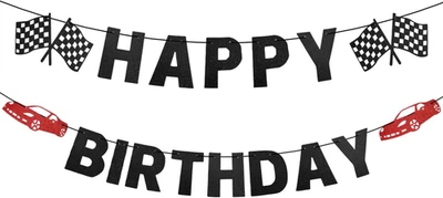Banner de cumpleaños de coche de carreras - Bandera a cuadros, feliz cumpleaños, blanco y negro -... Foto 1 de 4