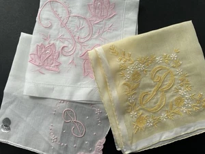 A+ 3 Vintage White Yellow Hankies Madeira Style Hand Embroidered Monogram B - Picture 1 of 8