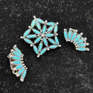 Vintage Southwestern Stil Faux Türkis Stern Brosche & Clip Ohrring Set - Bild 1 von 7