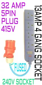 32AMP 3 phase 415V 5pin plug to 240v trailing socket 13amp adaptder - Picture 1 of 4