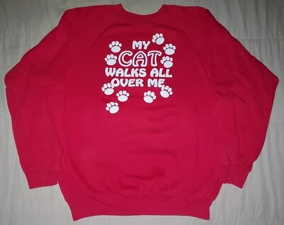 VTG 80s MY CAT WALKS ALL OVER ME SWEATSHIRT XL RED FUNNY 90s KITTY GRANDMA PAWS Foto 1 de 4