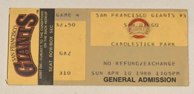 Padres Giants MLB Ticket Stub Candlestick 4/10/1988 Randy Ready HR Ed Whitson - Image 1 of 2