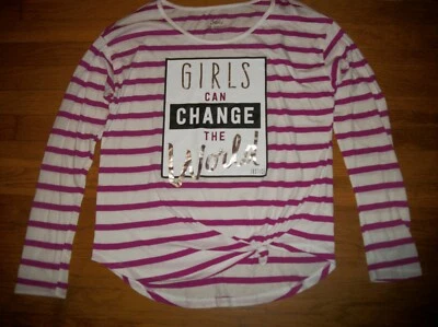 JUSTICE PURPLE & WHITE GIRLS CAN CHANGE THE WORLD STRIPED GRAPHIC TOP SZ 20 - Image 1 of 2