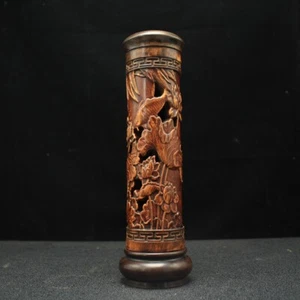Collect old wood carved lotus and fish statue figure netsuke incense burner tube - Picture 1 of 9