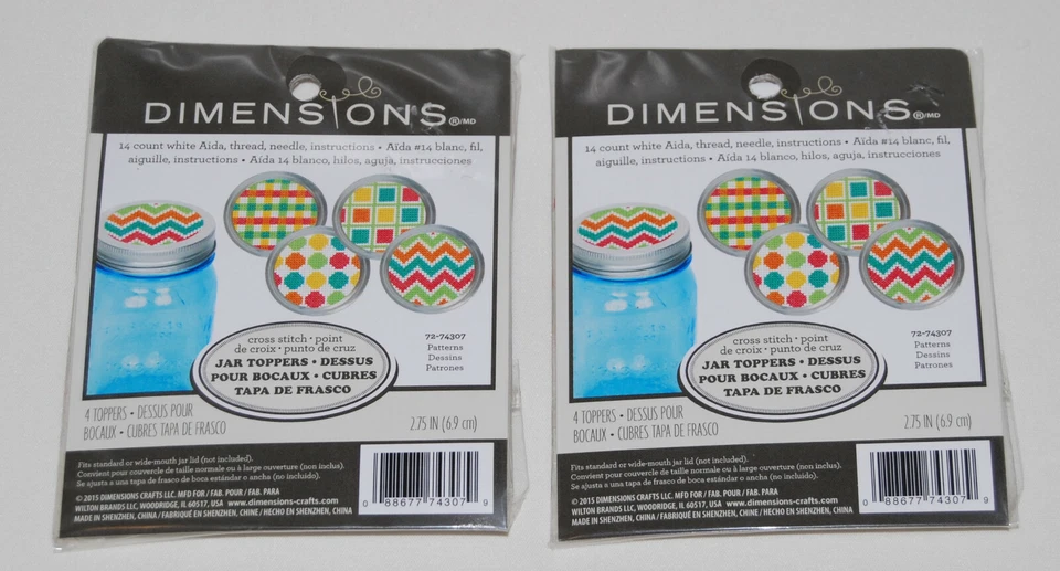 New Set of 2 Dimensions Canning Jar Toppers 4pc Cross Stitch Kits - Image 1 of 4
