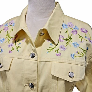 Schöne leuchtend gelbe Jeansjacke Blazer mit Blumenstickerei Damen Gr. L - Bild 1 von 13
