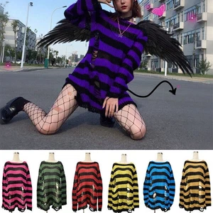 Women Punk Gothic Jumper Sweater Striped Knitwear Ripped Hole Long Pullover Tops - Picture 1 of 17