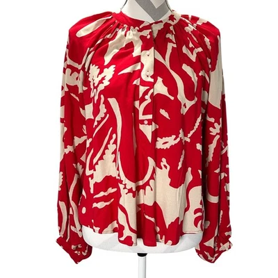 Blusa Top H&M Rojo Tostado Estampado Abstracto Manga Larga Gran Tamaño Fluido Talla S Foto 1 de 4