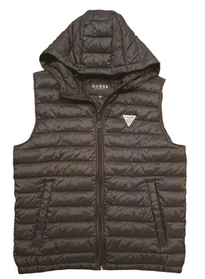 Chaleco acolchado ligero con capucha cremallera completa negro Guess para mujer bolsillos en S años 90 Atheleisure  Foto 1 de 4