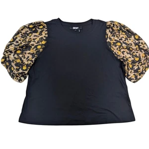 DKNY Damen T-Shirt schwarz Leopard Puffärmel XL Freizeit Oberteil - Bild 1 von 8