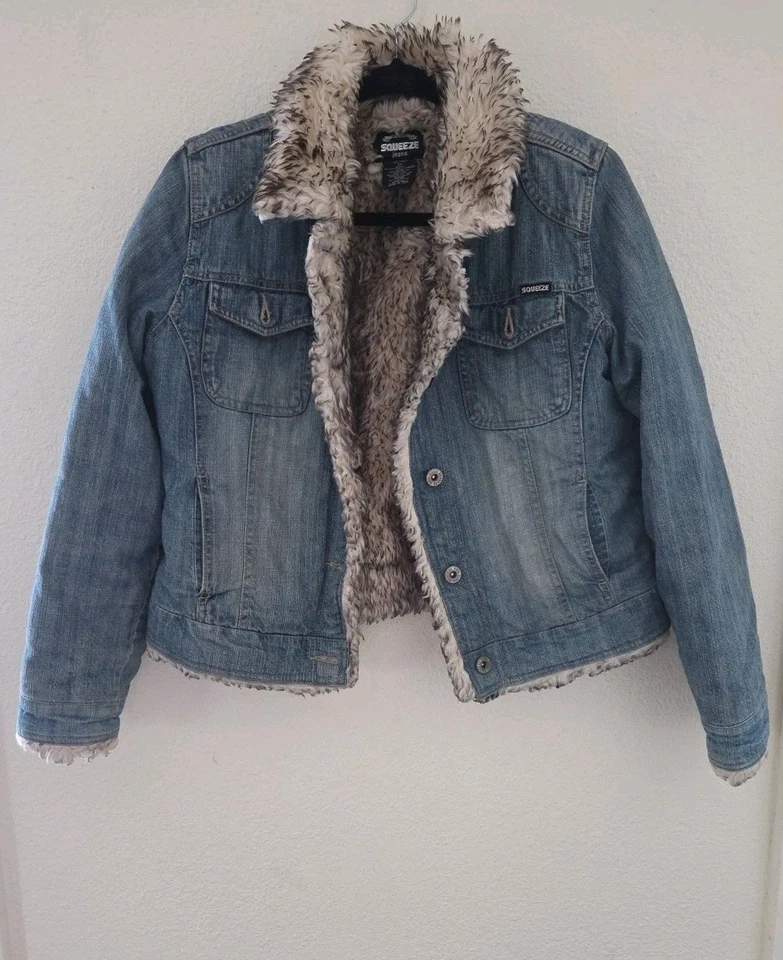 Womens Vtg Y2k Squeeze Jeans Faux Fur Lined Jean Denim Jacket Sz Xl - Image 1 of 4