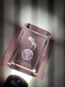 Paperweight Florida Laser Internally Etched Crystal Dolphins & Earth 1.5”x 2.5” - Picture 1 of 16