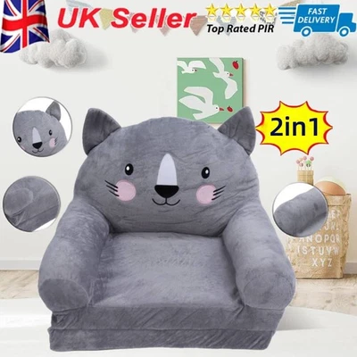 Foldable Kids Sofa, Cartoon Gray Cat Toddler Chair Couch Bed with Wide Armrest - Image 1 of 4