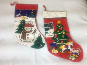 Vintage Christmas Stocking~Holiday Lot Of 2 Snowman & Christmas Tree With Gifts - Picture 1 of 4