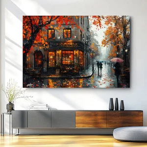 Leinwand Bild Cafe Straßenszene Stadt im Herbst Gemälde Wandbilder XXL 6597A - Bild 1 von 7