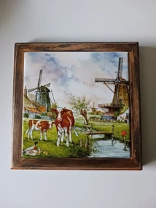 Vintage Sogut Seramik Dutch Countryside With Cows Framed Tile 7x7 Inches - Picture 1 of 5