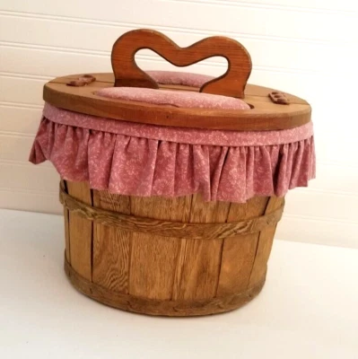 Vintage Bushel Sewing Basket Wooden Flip Top Heart Handle Pink Fabric Liner 14" - Image 1 of 4