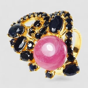 24K Gold Plated Rings Red Ruby & Blue Sapphire 925 Sterling Silver Size 8.75 - Picture 1 of 8
