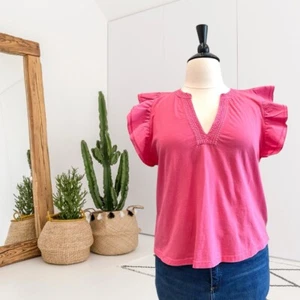 Anthropologie Maeve Women's XL Ruffle Short Sleeve Stitched V-Neck Top Pink - Picture 1 of 11