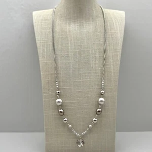 Chicos Necklace Silver Tone Beads Faceted Pendant Modern Minimalist 26" Chain - Picture 1 of 8