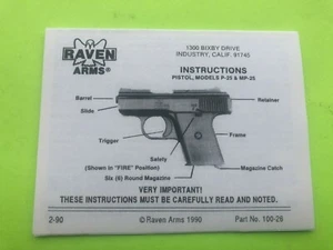 RAVEN ARMS MODELS P-25 & MP-25 kleine gefaltete Bedienungsanleitung, datiert 1990 Repro - Bild 1 von 10