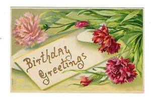 Postal de felicitación de cumpleaños c1909 flores rojas/rosas en relieve - Imagen 1 de 2