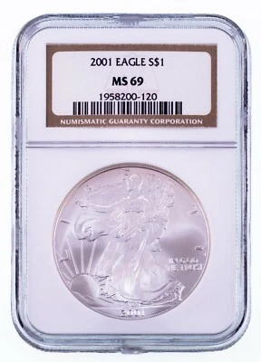2001 $1 Silver American Eagle Valutato Da NGC Come MS-69 - Immagine 1 di 4