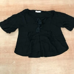 Top Ava Sky 100 % rayón para mujer XS negro borla cuello barco dobladillo alto manga corta - Imagen 1 de 12
