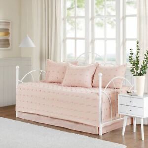 Rustikales 5-teiliges rosa auf rosa Baumwollbüschel Tagesbett Set UND dekorative Shams