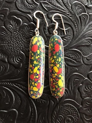 Brincos ovais de jaspe de jardim manchado verde amarelo sudoeste artesanal 2,5" - Imagem 1 de 4