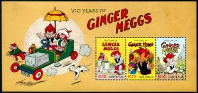 AUSTRALIA 2021 GINGER MEGGS CARTOON SOUVENIR SHEET OF 3 STAMPS MINT MNH UNUSED - Image 1 of 3