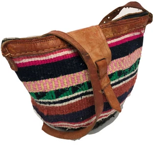 Vtg 70’s HIPPIE BOHO Woven Kilim Leather Bag Shoulder Crossbody FESTIVAL Purse - Picture 1 of 12