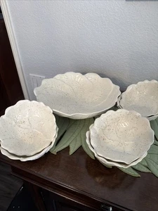 Cabbage Shaped Salad Bowl Set 7 Pc. Unique Rare Speckled Off White READ - Picture 1 of 16