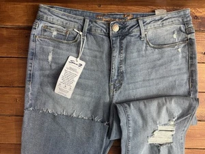 Seven 7 Jeans Wmns 12 (Fits 33x32) Blue Denim Distressed Felicity Slim Flare NEW - Picture 1 of 10