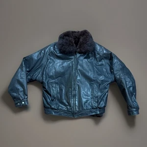 VTG Black Leather Bomber Jacket w/ Opossum Fur Detachable Vest Size 42 - Picture 1 of 15