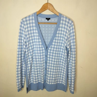 Cárdigan suéter Talbots azul guinga pequeño para mujer cuello en V azul preppy Foto 1 de 4