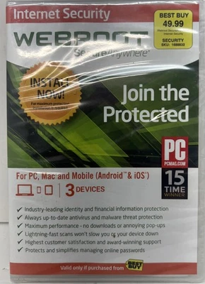 Webroot Secure Anywhere PC/Mac/Mobile Android & iOS-3 Devices Internet Security - Image 1 of 4