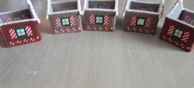 Set of 5 Handmade Needlepoint Christmas Cottage Baskets - Image 1 of 3