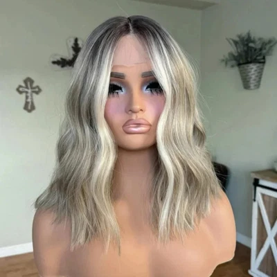 Balayage Ash Platinum Blonde Highlight 100% Human Hair Lace Front Wigs Dark Root - Image 1 of 4