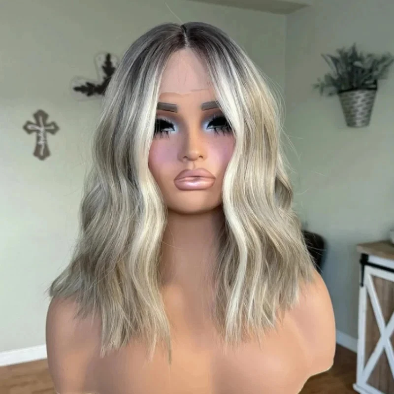 Balayage Ash Platinum Blonde Highlight 100% Human Hair Lace Front Wigs Dark Root - Image 1 of 4